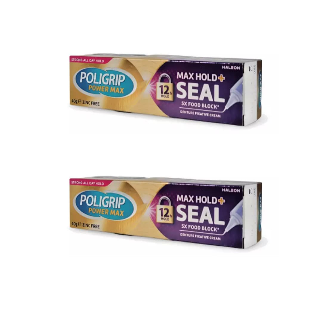 2x Poligrip Power Max Hold & Seal Flavour Free Denture Fixative Cream 12h 40g