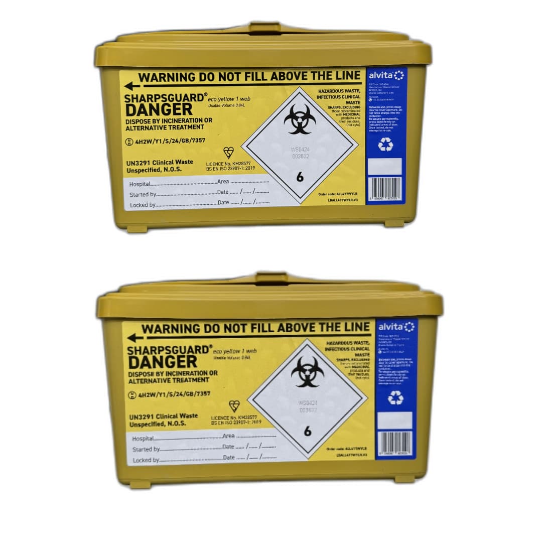 2x SECURE 1l SHARPS BIN Yellow Insulin Syringes-Needles Clinical Box-Container